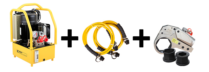 One drive one configuration of low profile hydraulic torque wrench and electric hydraulic pump